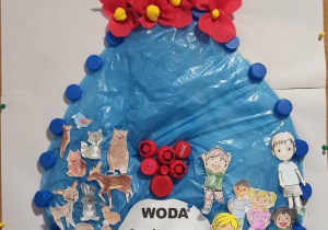 grupowa praca plastyczna - kropla wody, drzewo i kwiaty wykonana z materiałów z recyklingu